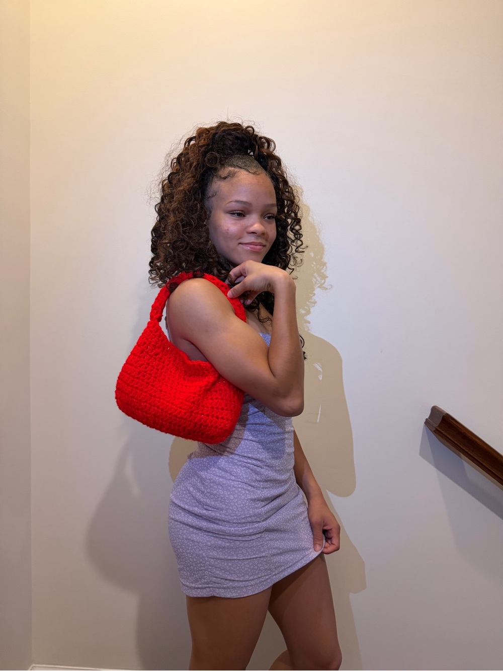Hand Crafted Red Crochet Shoulder Bag for Women